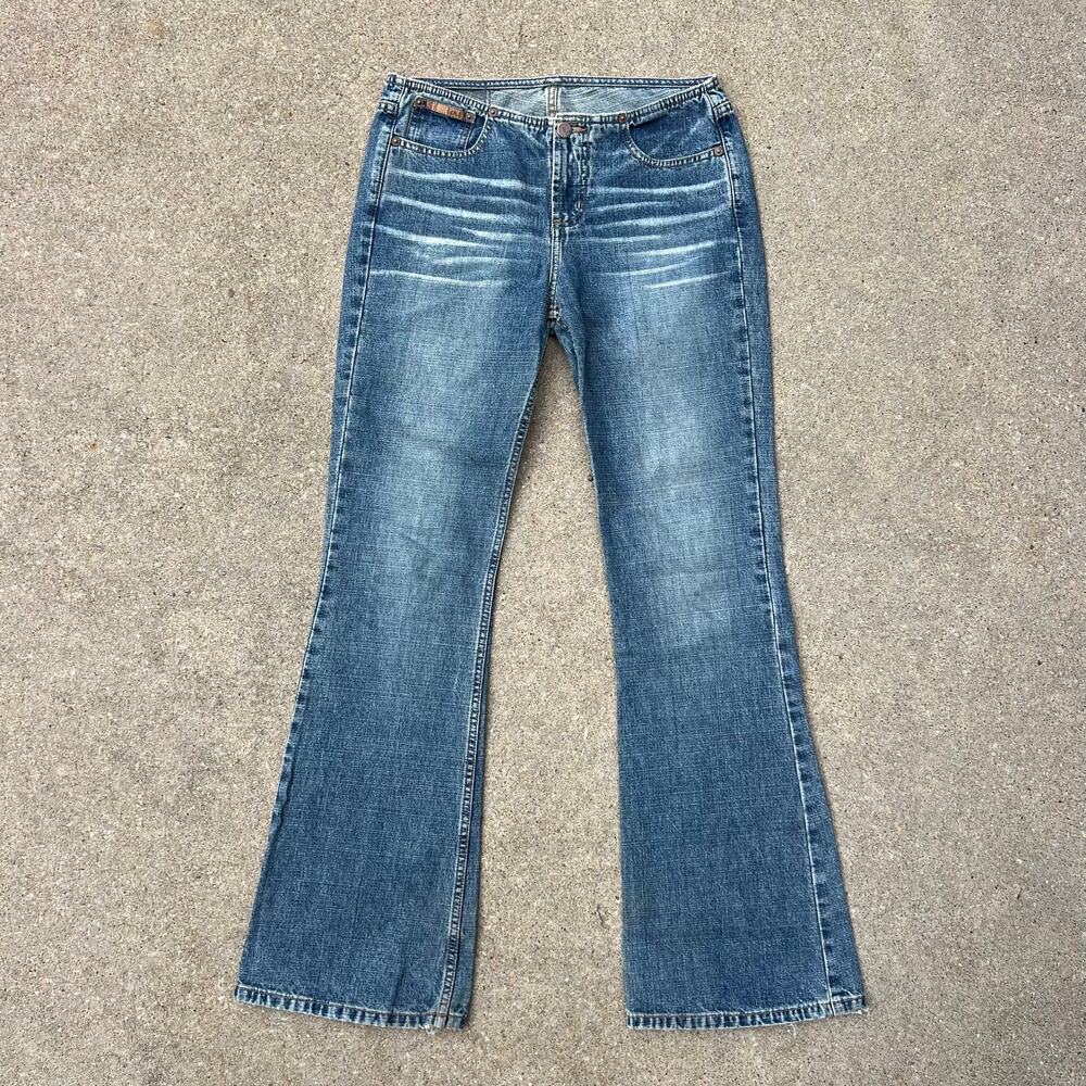 Y2K LEI No Waistband Low Rise Flare Whiskered Blue Jeans Size 5 100% Cotton